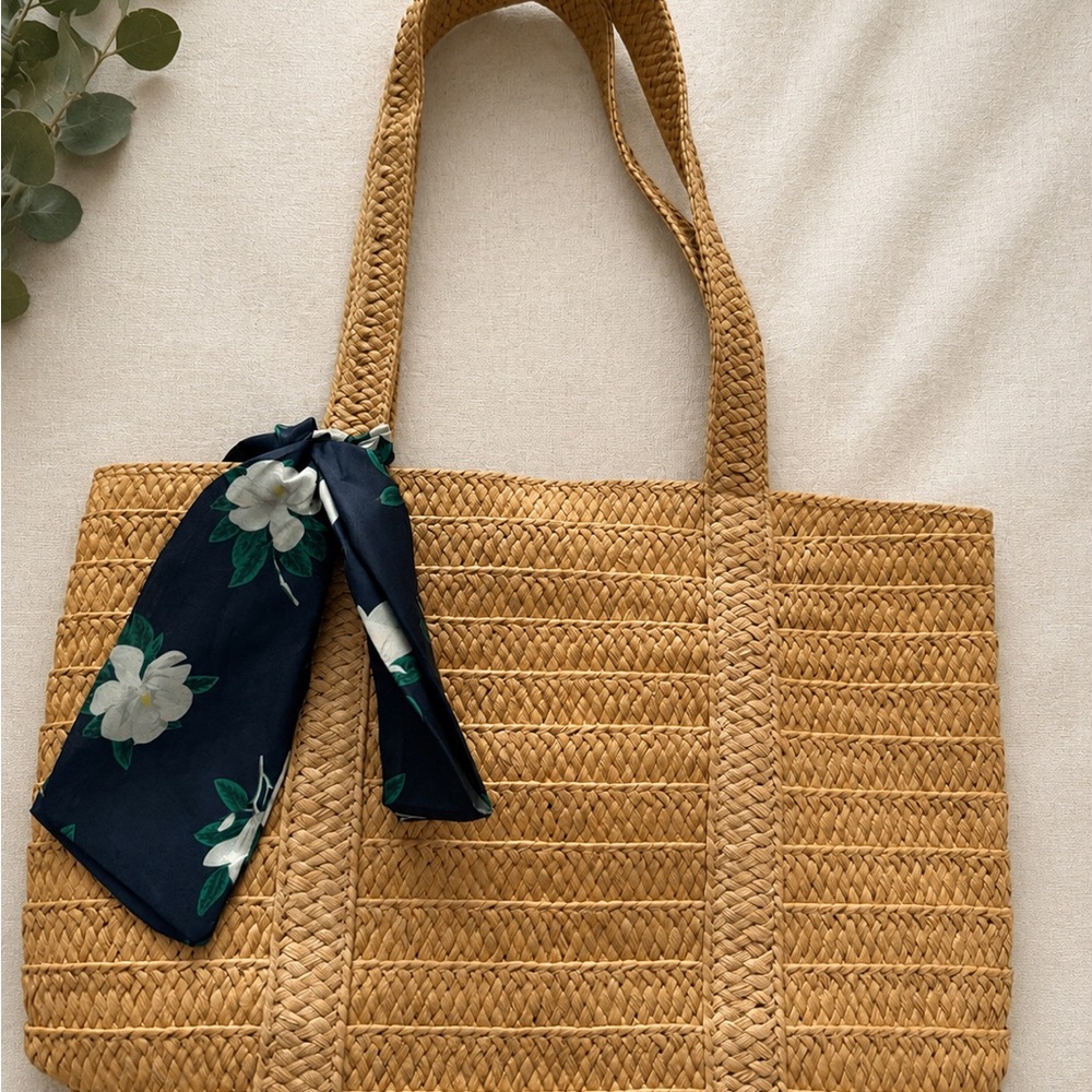 Draper James Straw Tote with Navy Floral Scarf
